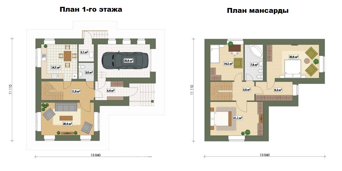 Проект углового дома с мансардой